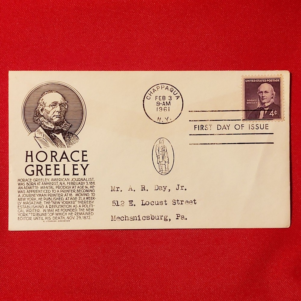 First Day of Issue Horace Greeley Stamp Cache Envelope