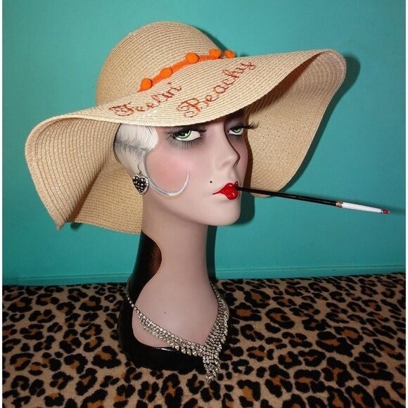 Vintage Feelin' Beachy Ivory Woven Sun Hat with orange pom pom fringe pinup
