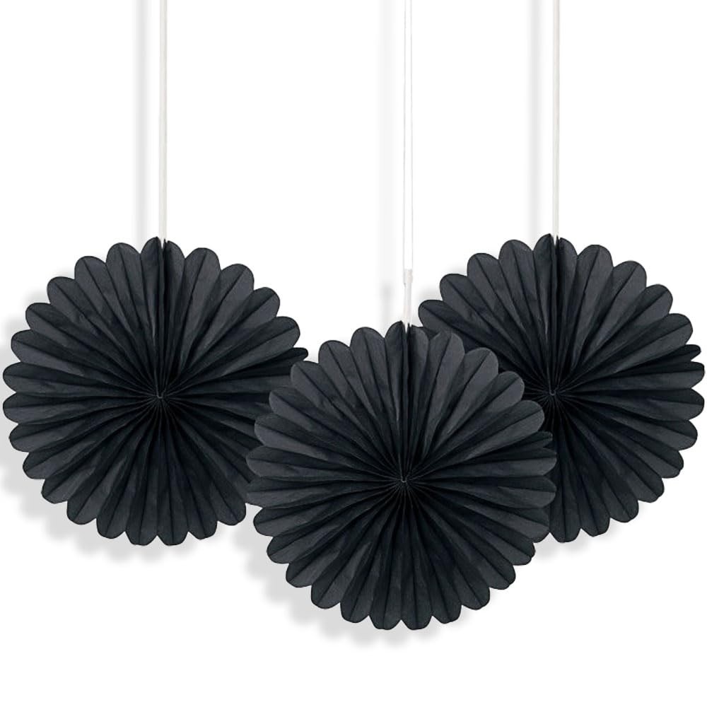 Unique Black Hanging Tissue Paper Fans 6 inch 3 Count Functional Solid Holiday