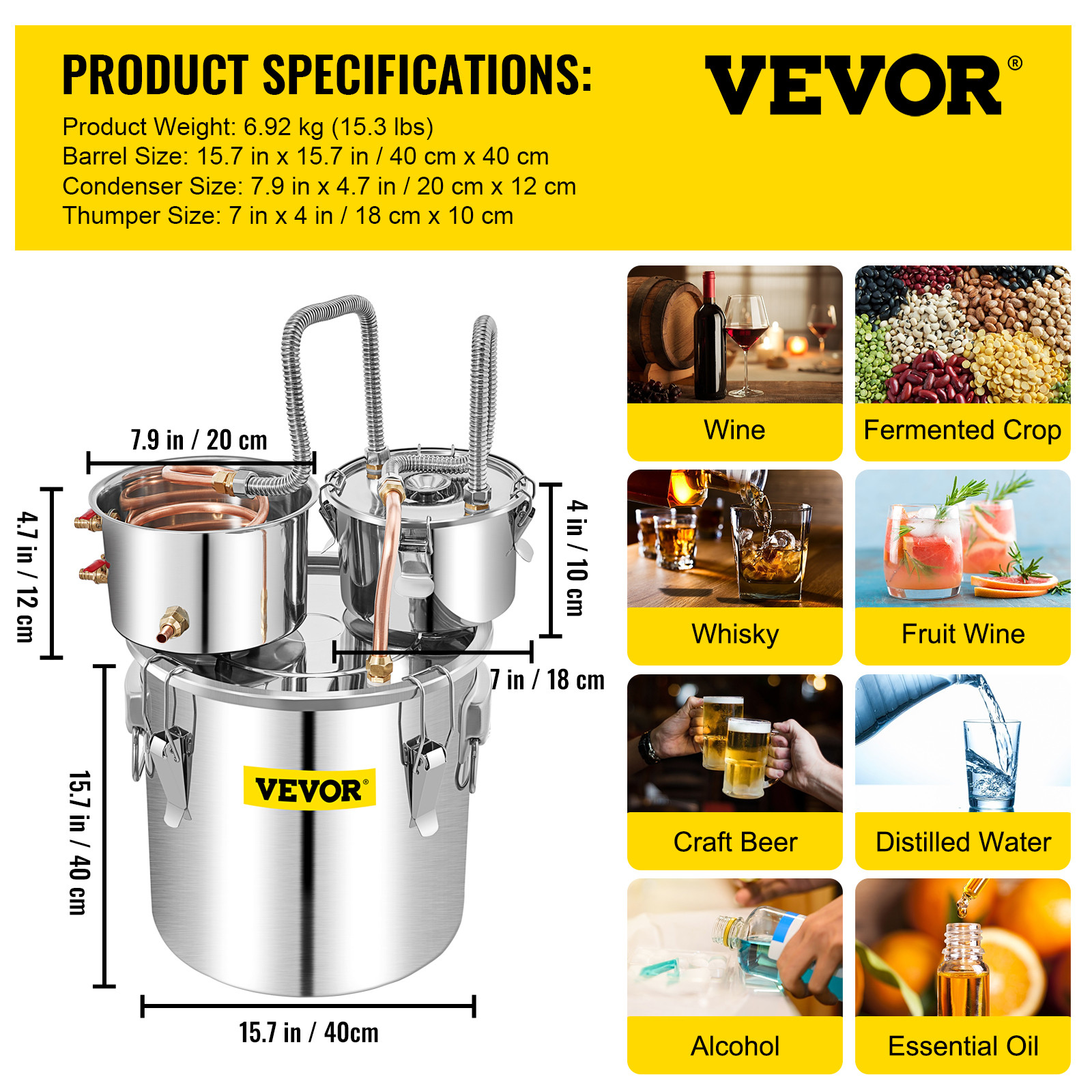 VEVOR Moonshine Still Water Alcohol Distiller 13.2Gal w/Thumper Keg & Water Pump