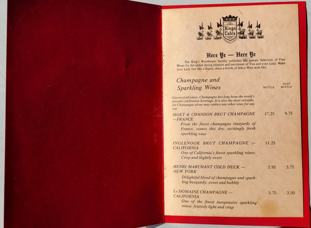 King's Table Wine List Menu Vintage Original