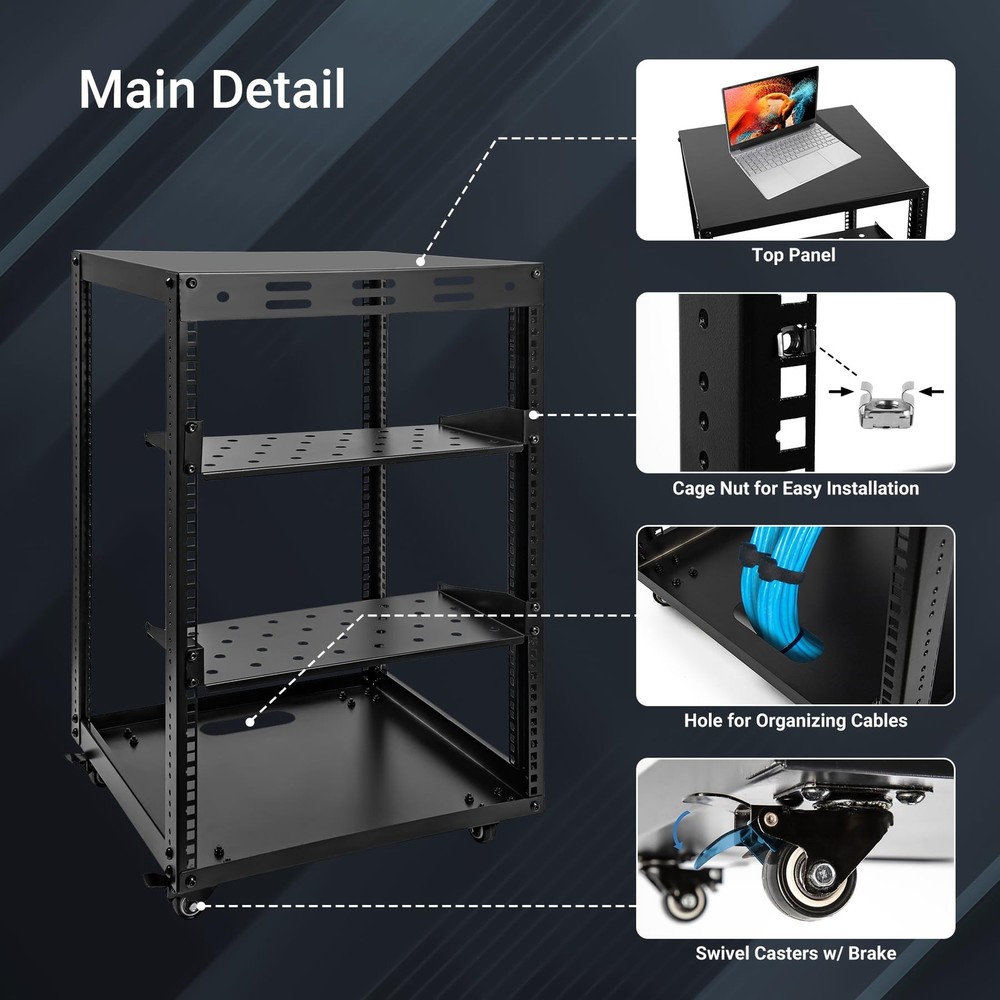 15U Open Frame Server Rack, Wall-mountable IT Rack w/Swivel Casters, 2 Rack S...