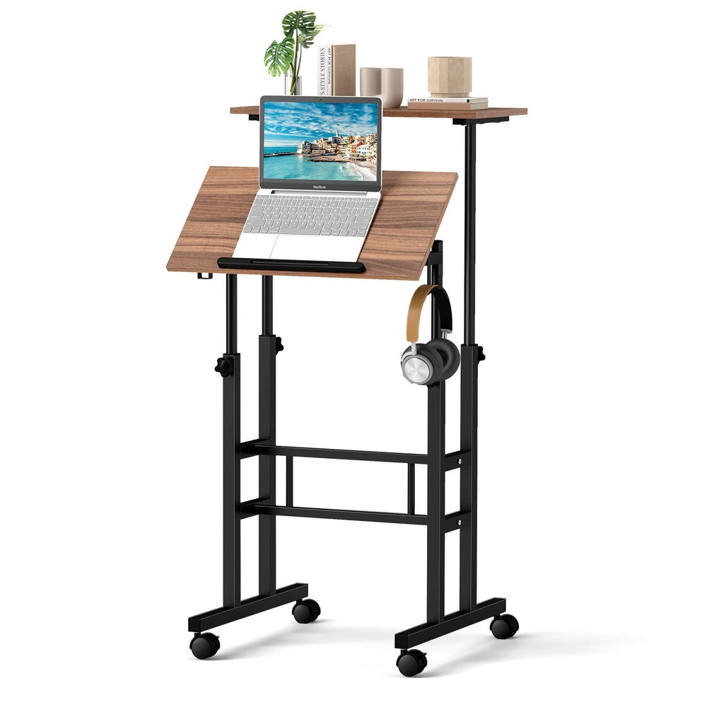 Height Adjustable Mobile Standing Desk w/Tiltable Desktop & 2 Hanging Hooks