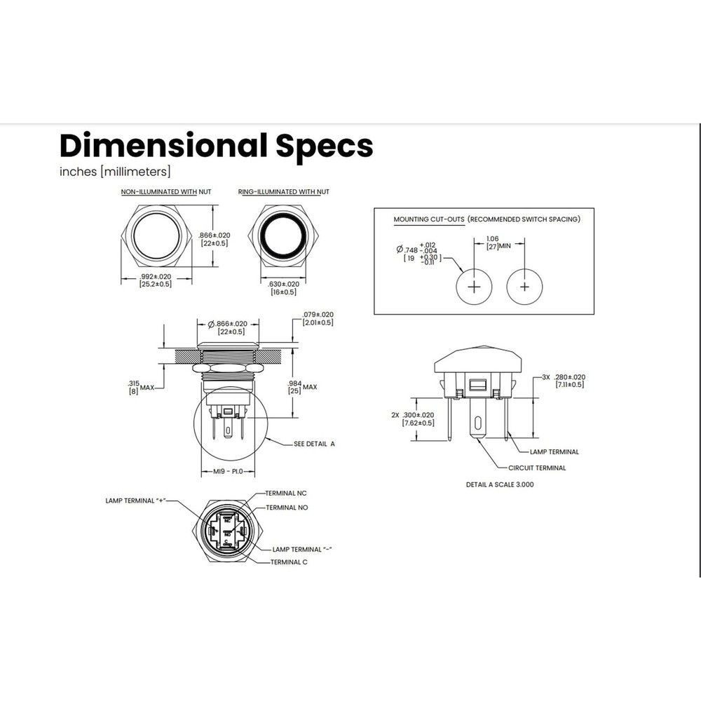 Sierra AV10100B Push-Button Switch, Off/On, Blue Halo LED, 20A