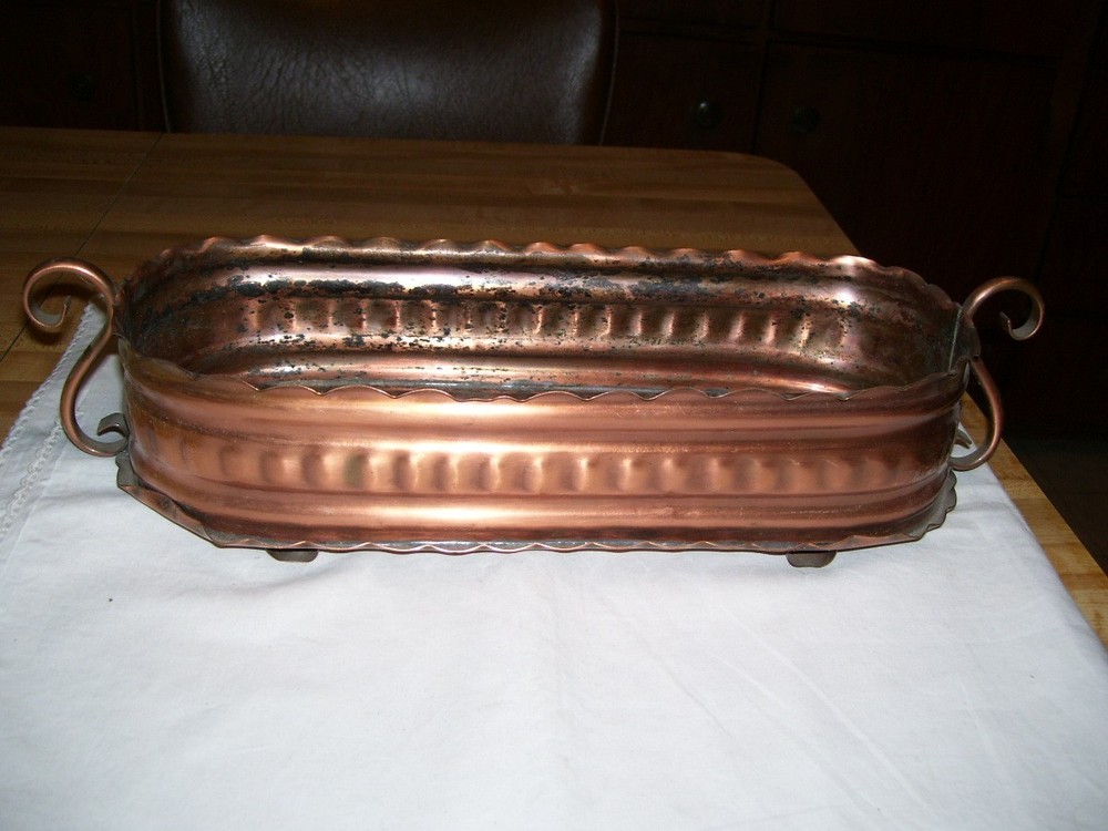 Vintage Gregorian Hand Hammered Solid Copper Elongated Planter with Handles