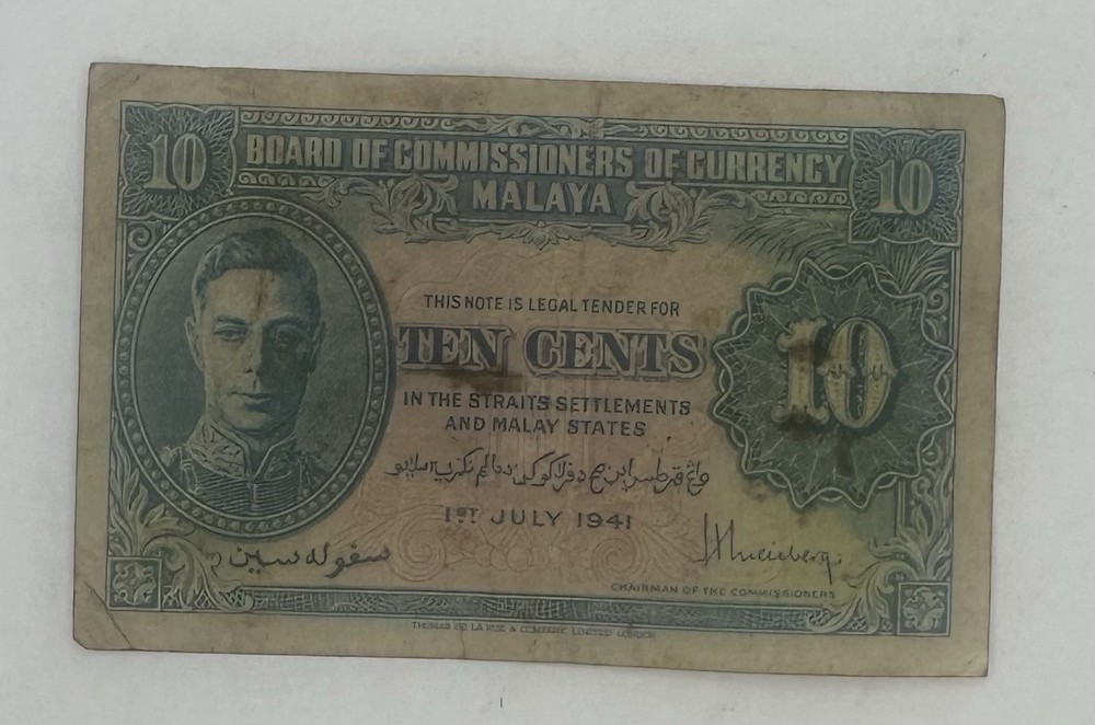 Malaya 1941 10 Cents  Banknote