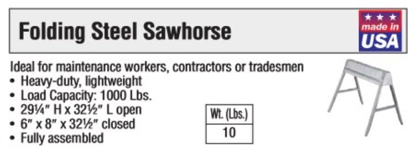 Folding Steel Sawhorse: Sturdy Space Saving Design, 29-1/4" High x 32-1/2" Long
