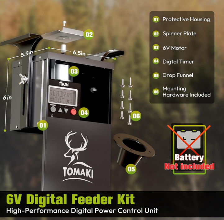 6V Deer Feeder Kit with Digital Timer, Motor, Bracket, Weatherproof