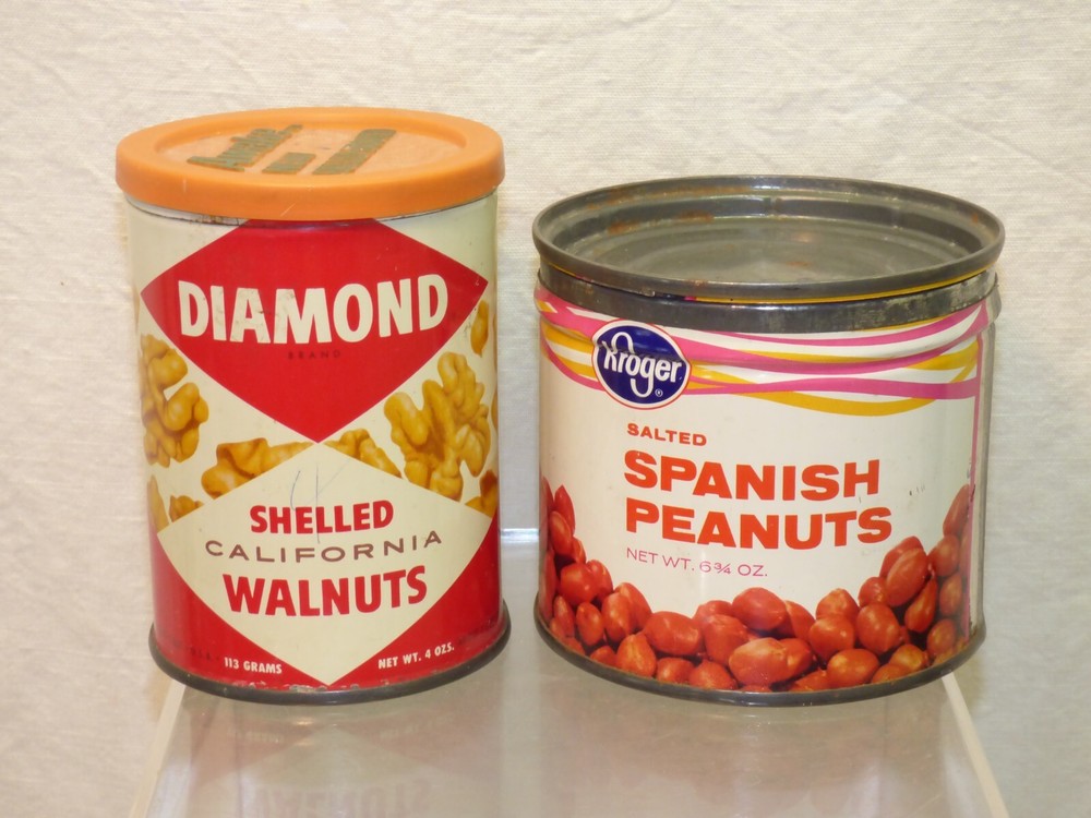 Vintage 2 KROGER Spanish Peanuts 35 ¢ & Diamond CA Walnuts EMPTY Tin Cans Nuts