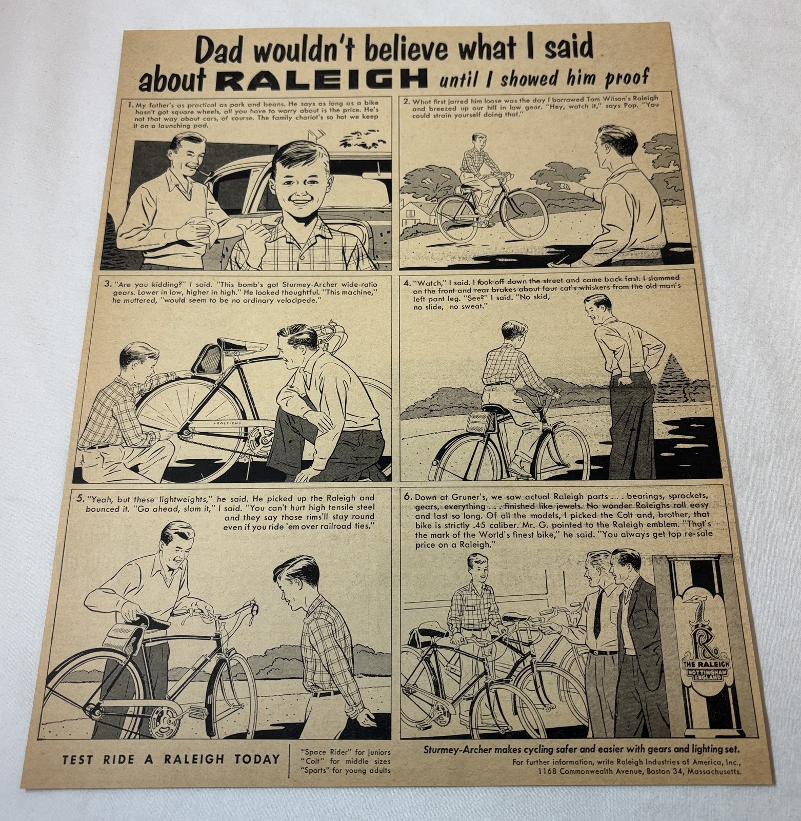 1958 RALEIGH bicycle ad ~ DAD WOULDN'T BELIEVE WHAT I SAID