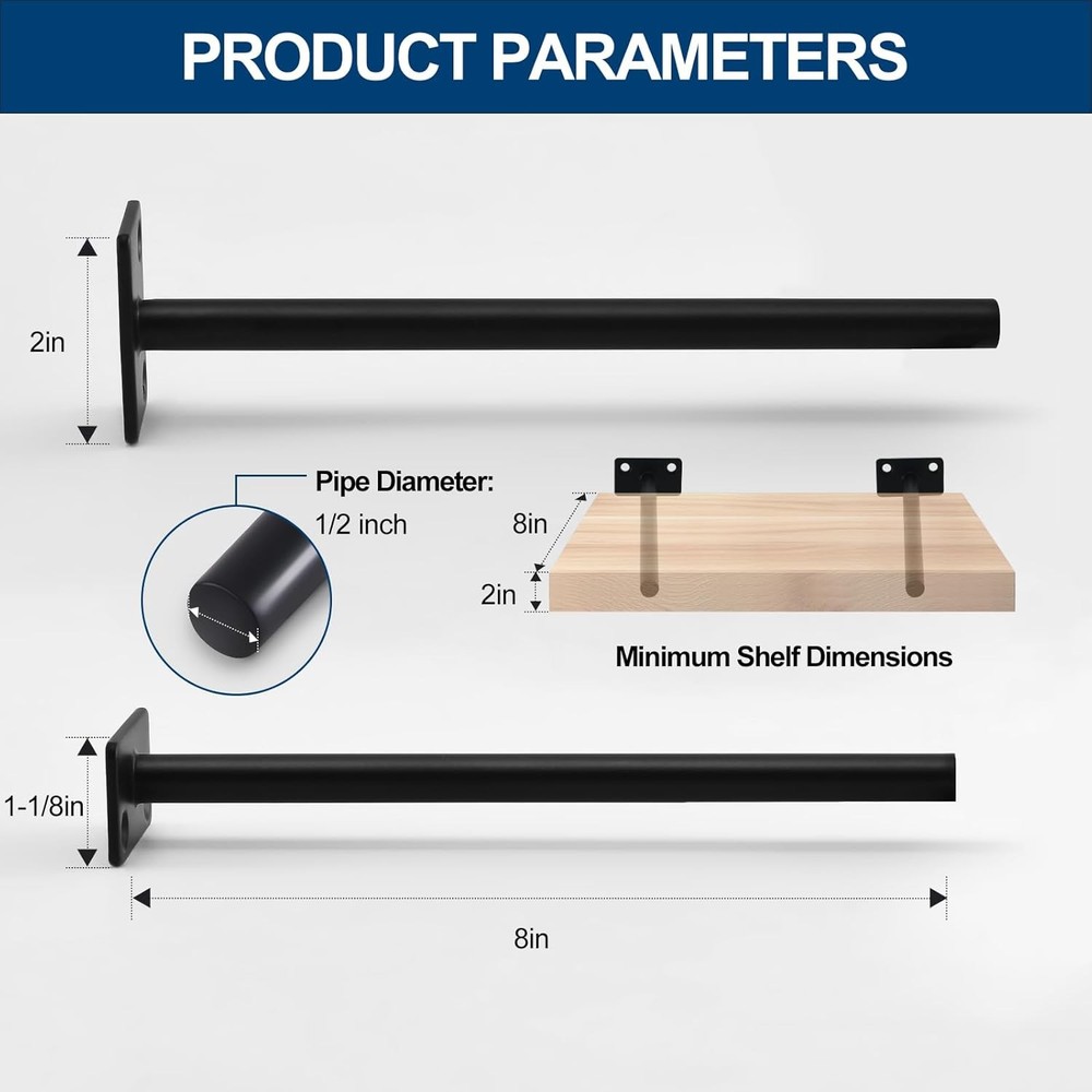 12 Pcs 8" Black Solid Steel Floating Shelf Bracket Blind 8 Inch