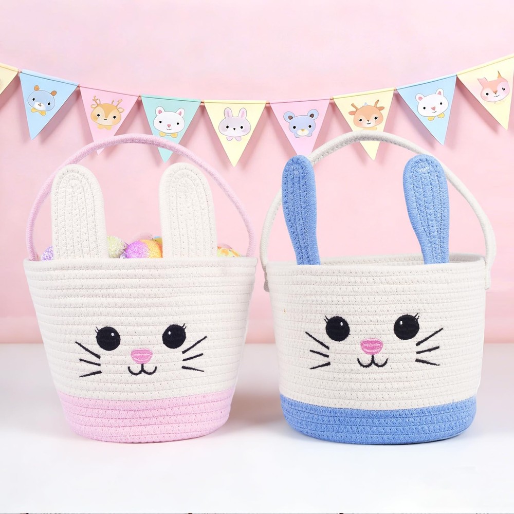 Lightilunar Easter Basket, Empty Bunny Basket, Woven Basket with Soft Handle,...