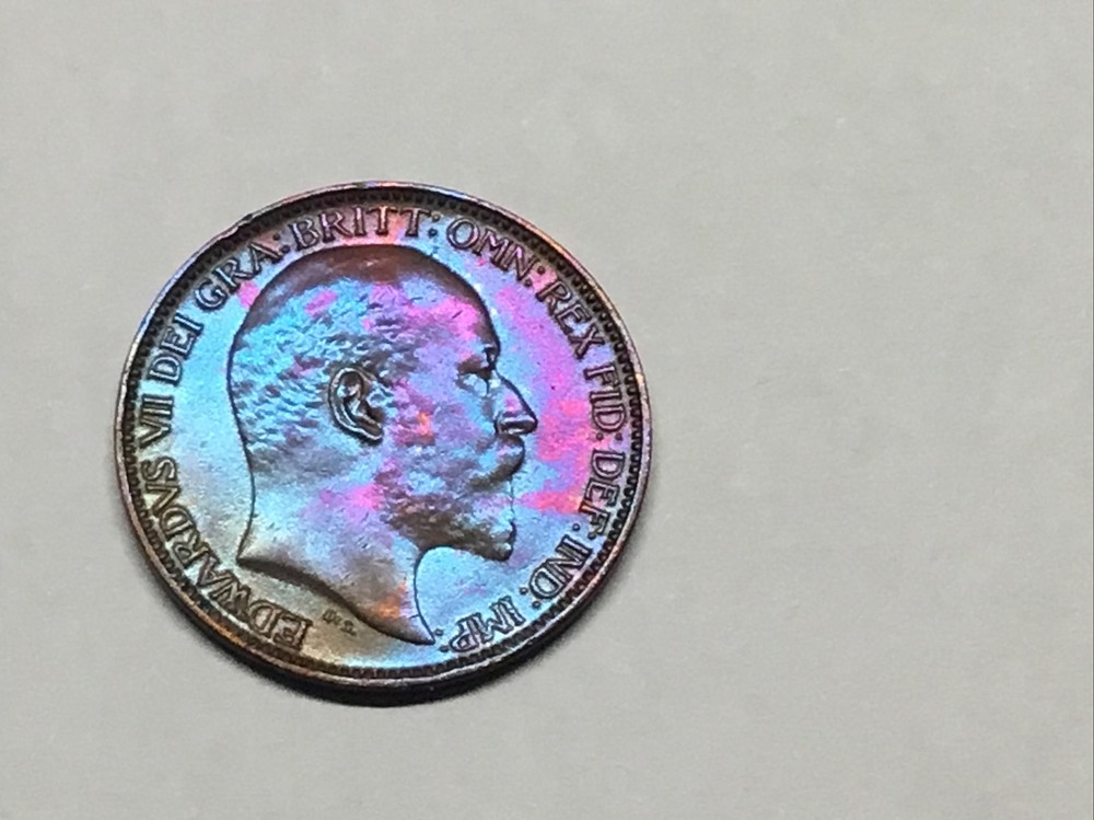 1910 Farthing, Great Britain, High MS, UNC, Rainbow Toning, KM 792