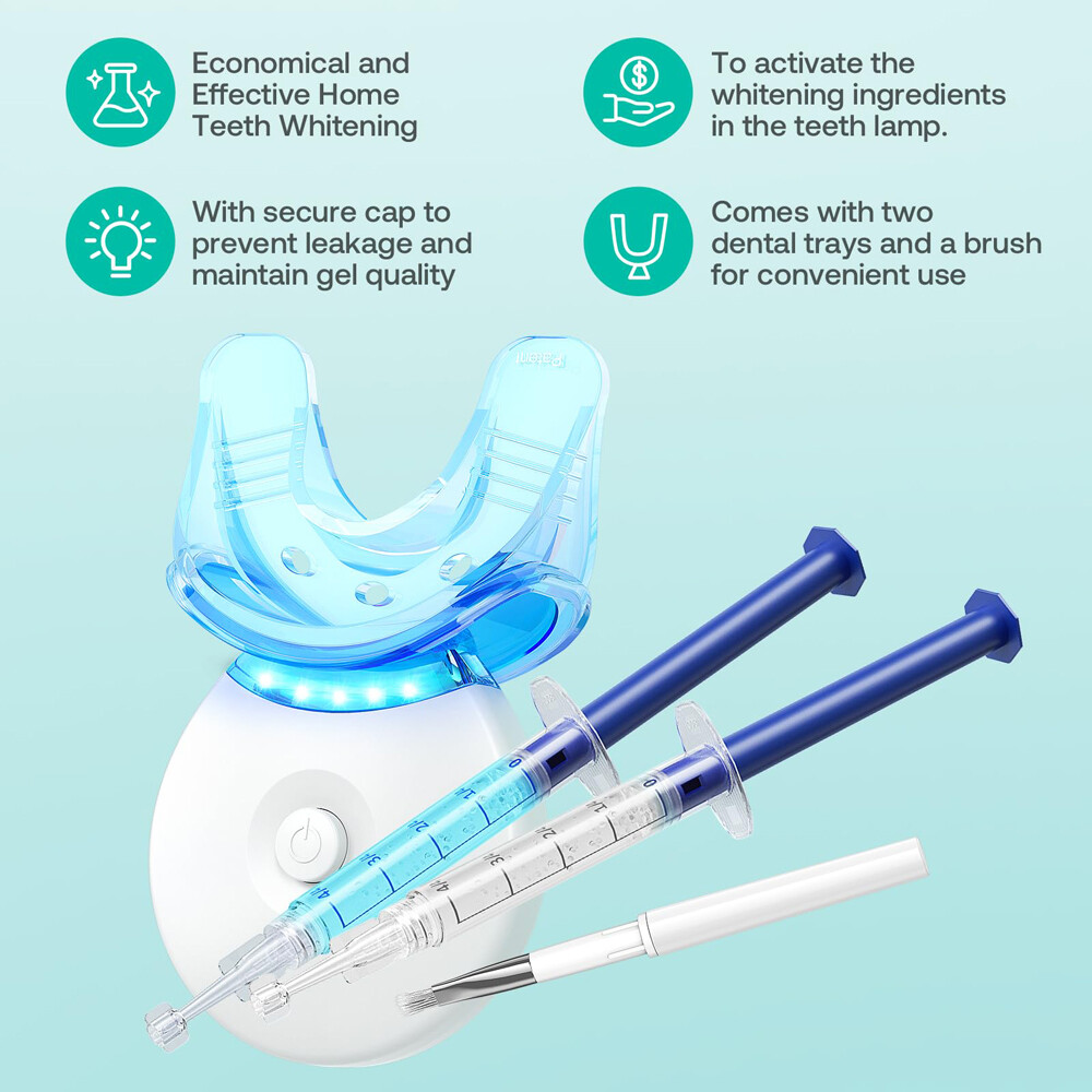 Teeth Whitening Kit 6 Cleaning Gel + 2 Blue gel + Led Light Dental Trays teeth