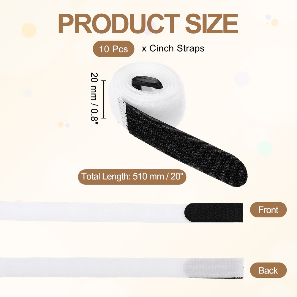 10pcs Reusable Cinch Straps 0.8"x20" Hook and Loop Cable Securing Straps, White