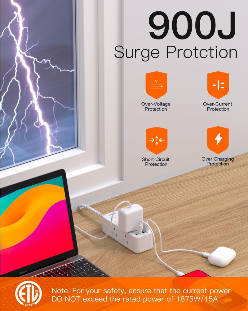 Power Strip Surge Protector, BESHON 5Ft Extension 5FT-Right Angle Plug, White