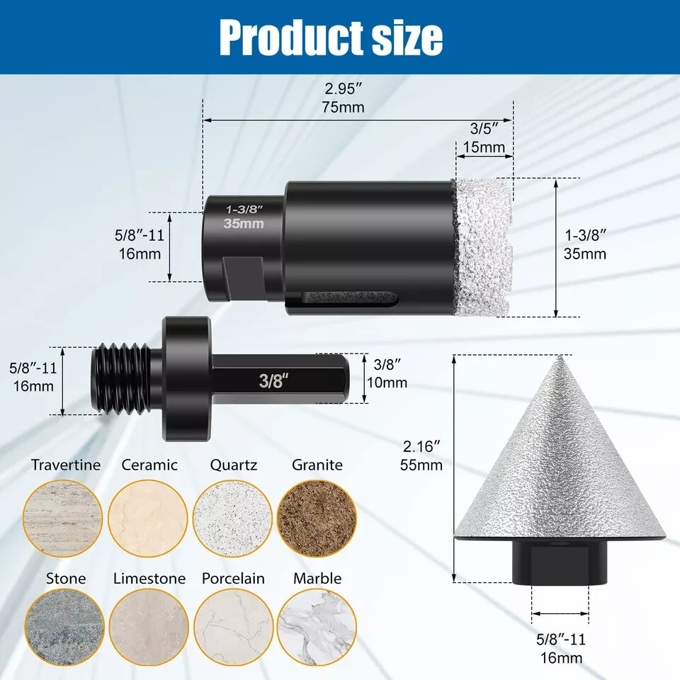 3/16" granite marble demi bullnose core bit chamfer beveling bit blade buffer
