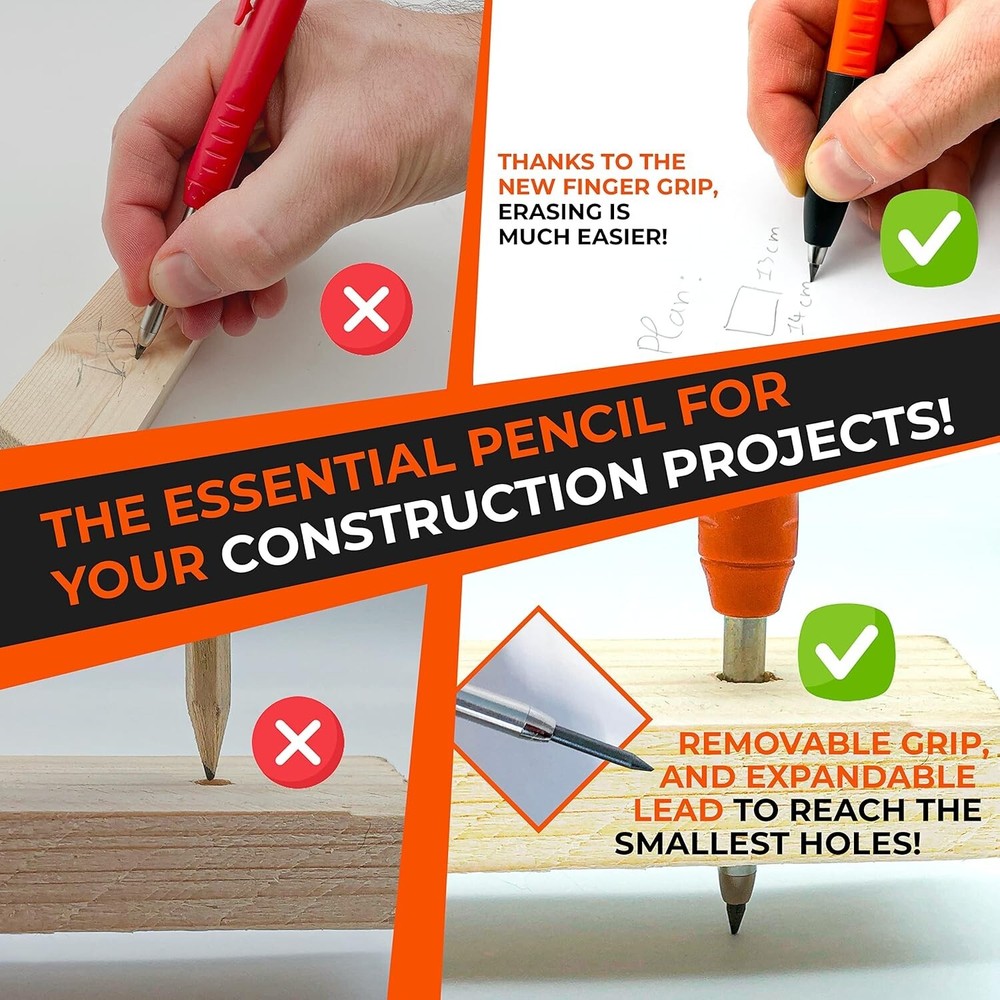 Construction Carpenter Pencil with Finger Grip & Sharpener - 7 Quality Leads