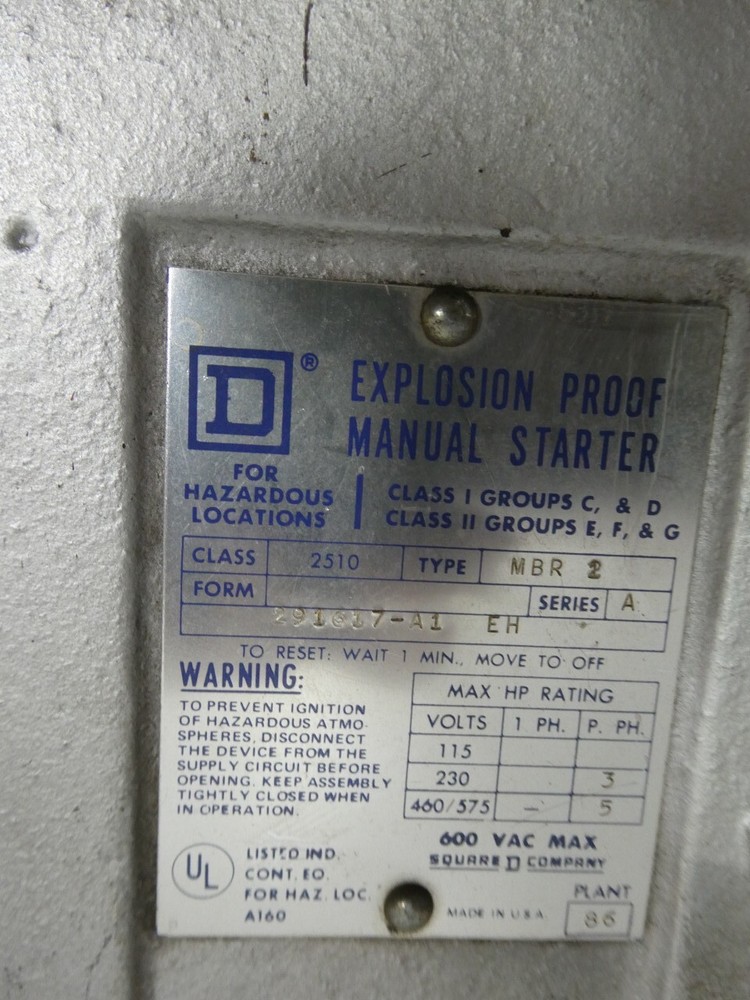 Square D 2510 MBR-2 Explosion Proof Manual Starter 5hp