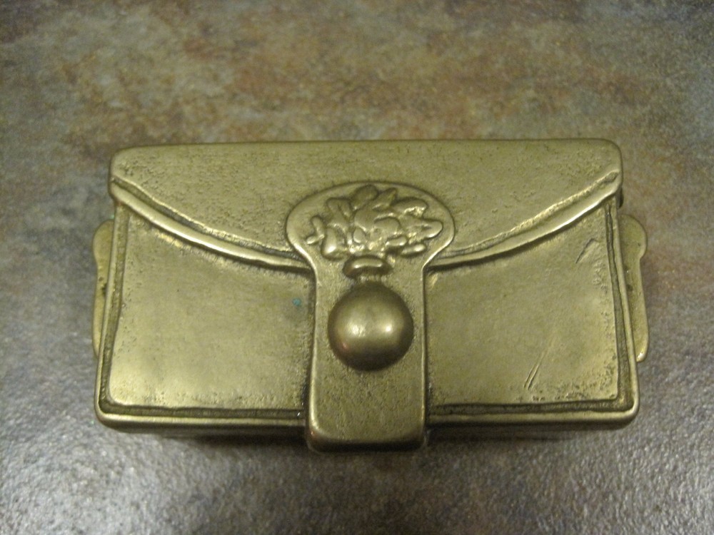BRASS STAMP BOX  'SATCHEL' TWO COMPARTMENTS, VINTAGE, EUC