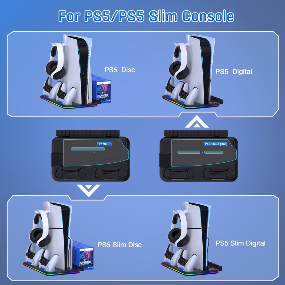 PS5 Slim Stand Cooling Station For PS5 Slim/PS5 Disc Digital Controller Charging