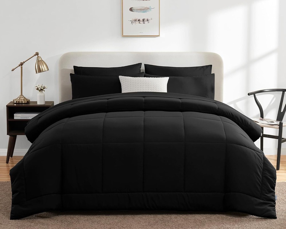 Black Queen 7-Piece Pocketed Bed Comforter Set Black Queen Bed Comforter Set