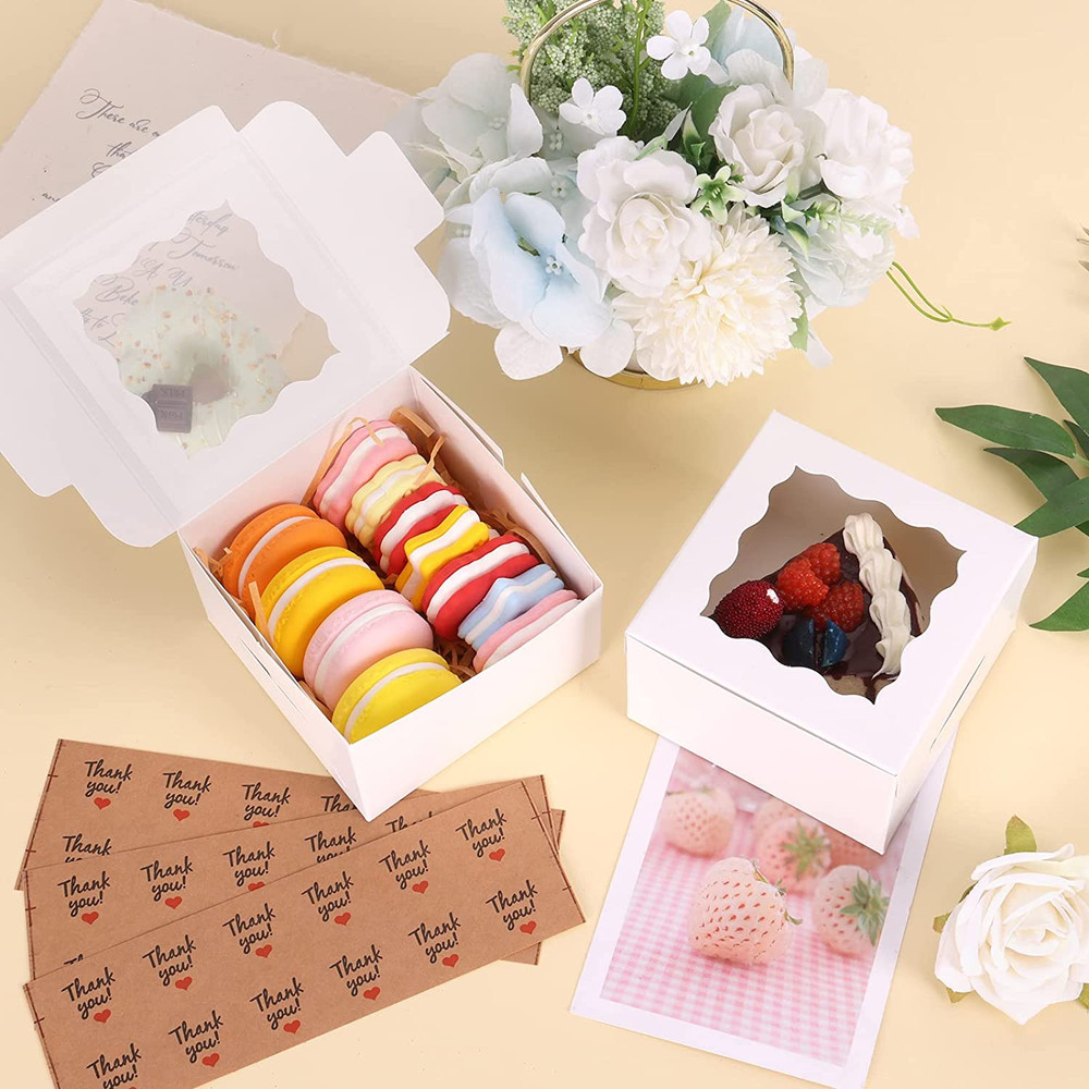 50Pcs 4X4X2.5 Inches White Bakery Boxes with Window, Cookie Boxes, Mini Cake Box