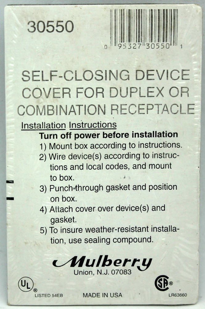 12 Mulberry 30550 Self-Closing Device Cover Duplex Combination Receptacles
