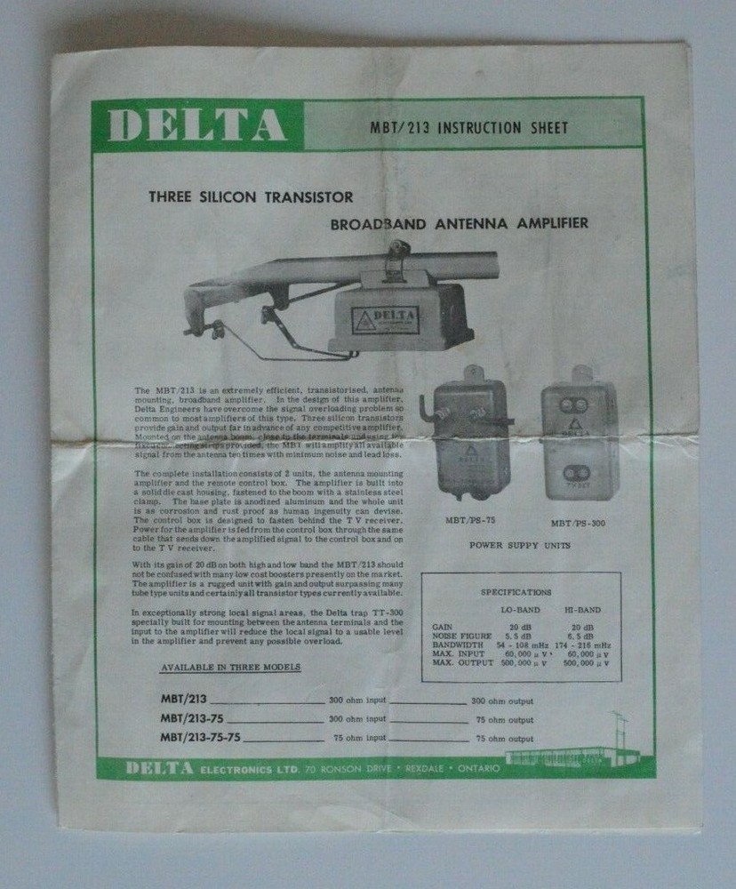 DELTA Three Silicon Transistor Broadband Antenna Amplifier MBT/213 Instruction