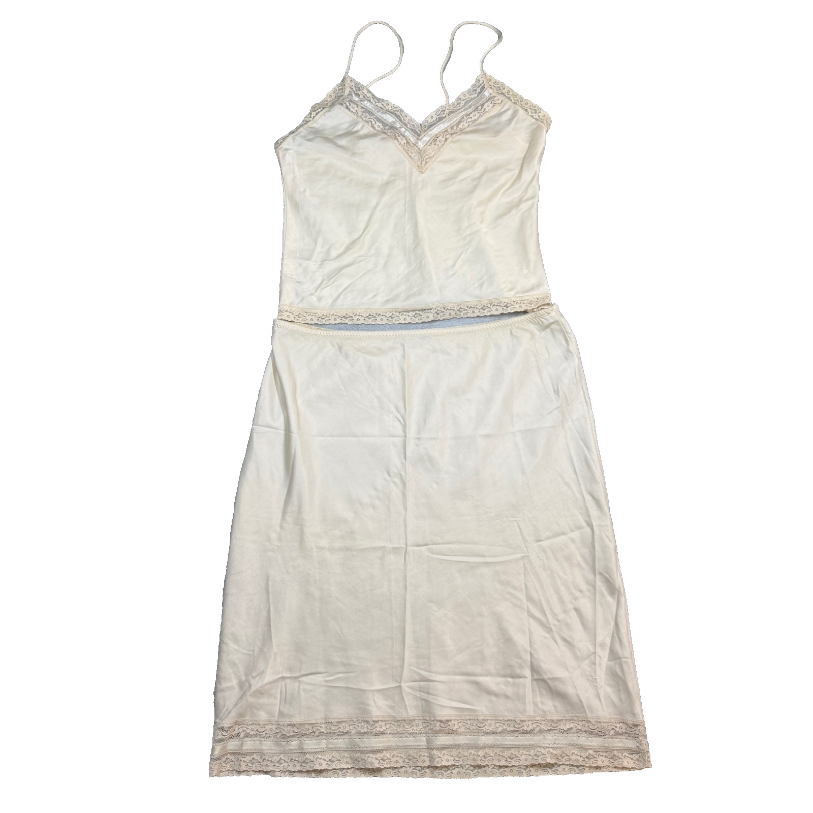 Vintage Christian Dior Slip Top & Skirt Women L Cream Satin Lace Hem READ
