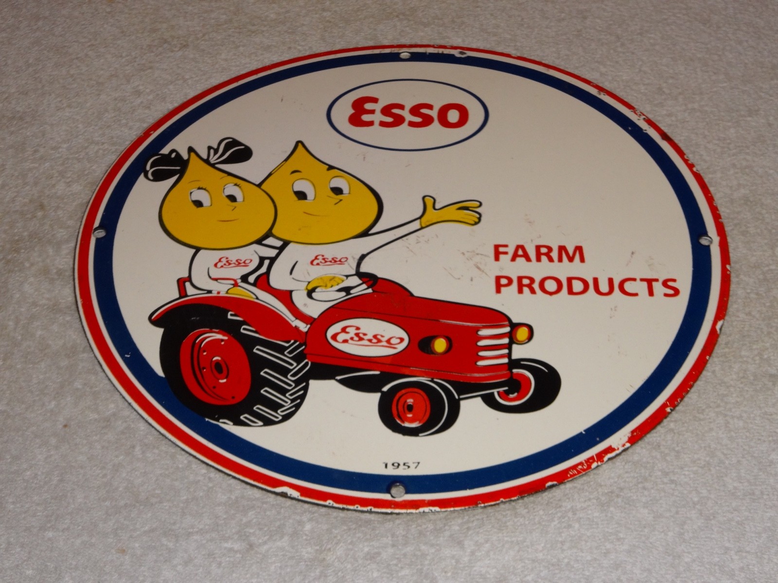 VINTAGE 1957 ESSO FARM OIL DROP BOY GIRL 11 3/4" PORCELAIN TRACTOR GASOLINE SIGN