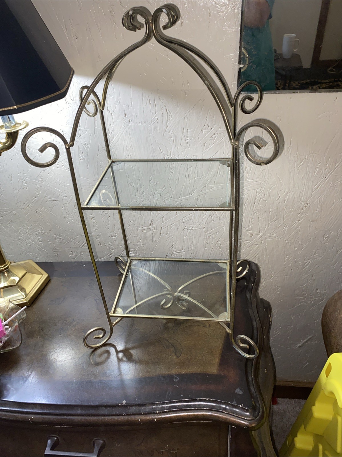 Vintage Two Tiered Shelf Brass Metal Frame With Two Glass Shelves Free Standing