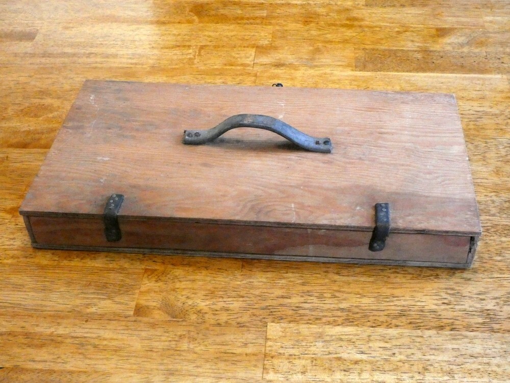 Vintage Primitive Wood Toolbox Chest with Leather Handle