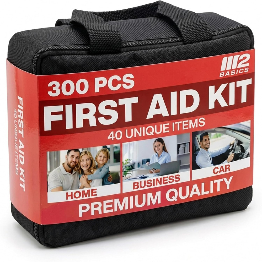 M2 BASICS Premium 300 Piece Professional First Aid Kit, 40 Unique Items, Durable