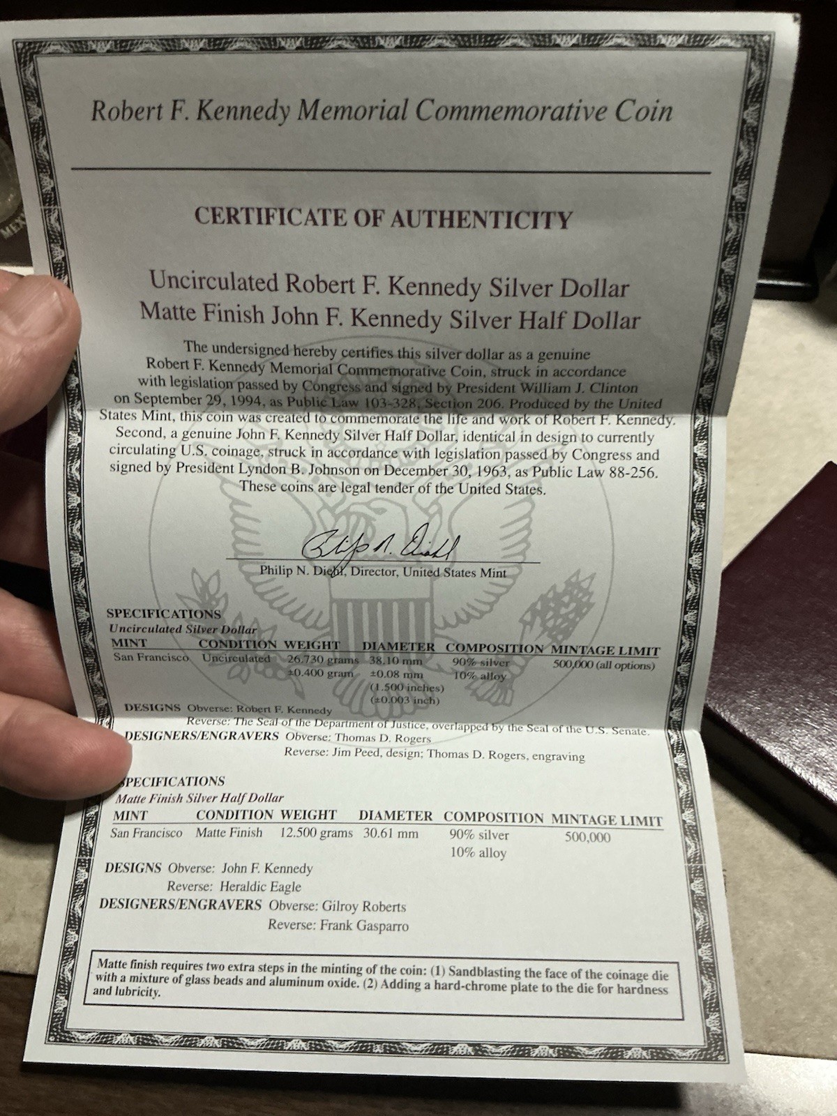 1998 US Kennedy Collectors Set Uncirculated Silver Dollar & Half Commemorative