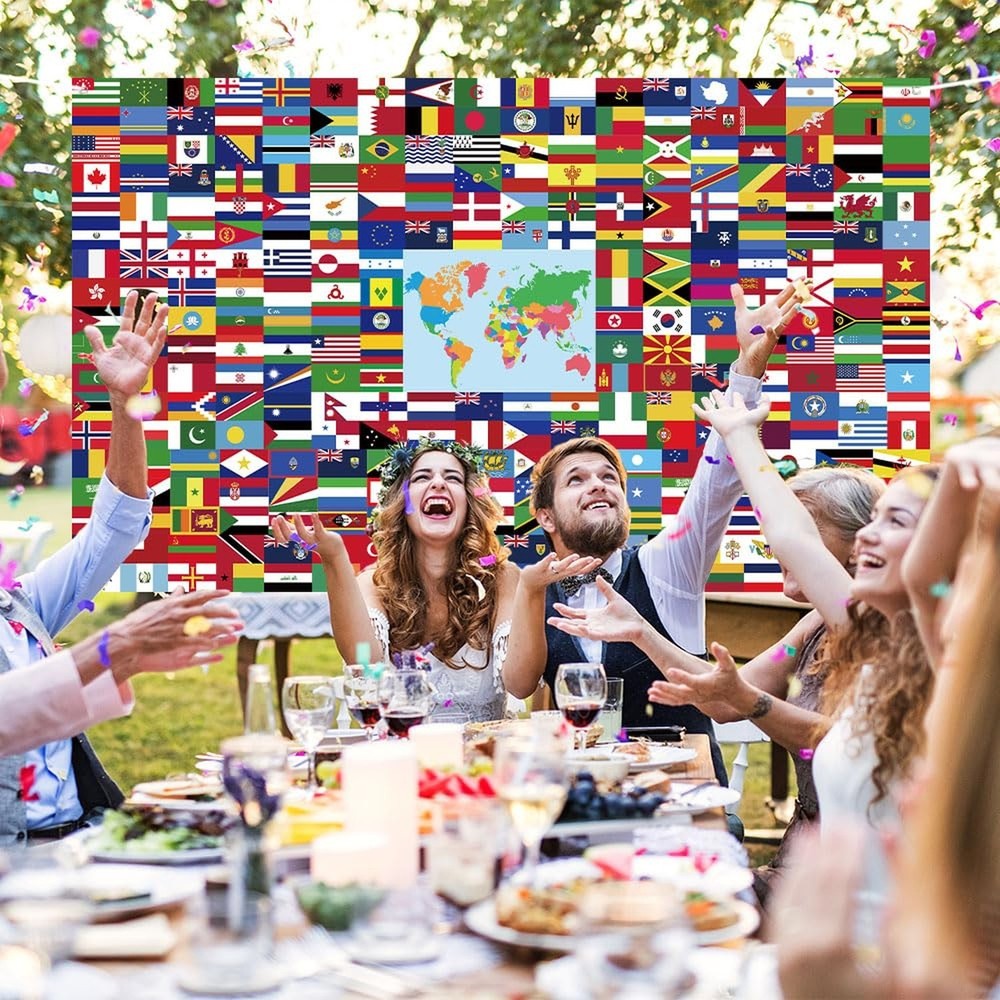 World Flags Banner - 5x3ft Polyester International Flag Backdrop with String ...