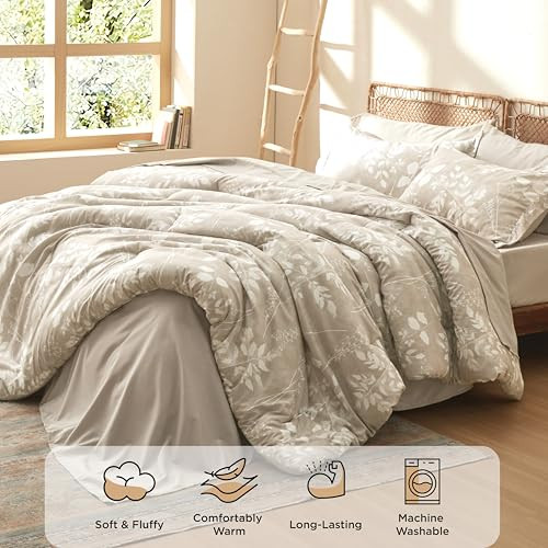 Full Size Comforter Set - 7 Pieces Floral Beige Soft Bedding Sets, Full Bed