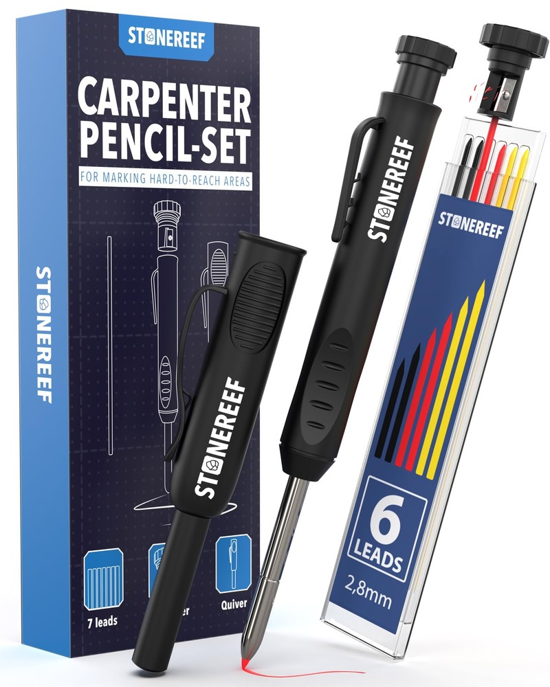 Carpenter Pencil Set with Sharpener & 7 Refills – Deep Hole Marker Mechanical...