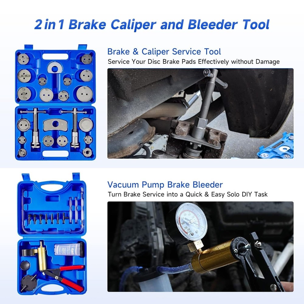 All-in-One Brake Tool Kit: Caliper Compression & Bleeder, 18 Adapters