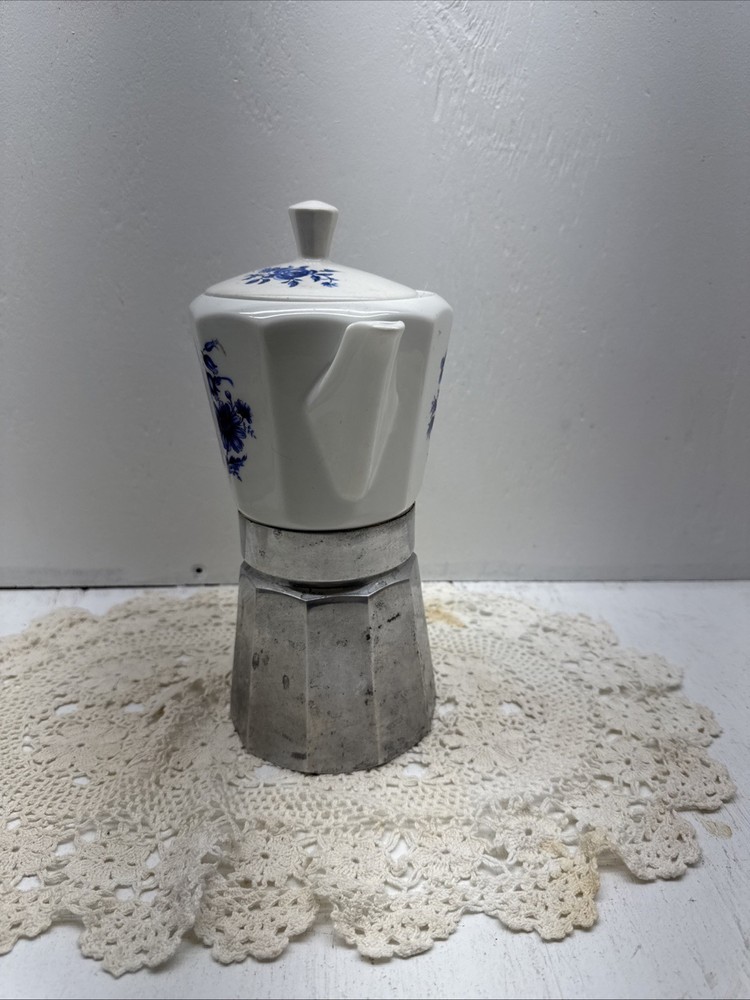 Vintage Ceramic Coffee Maker With Blue Floral Pattern