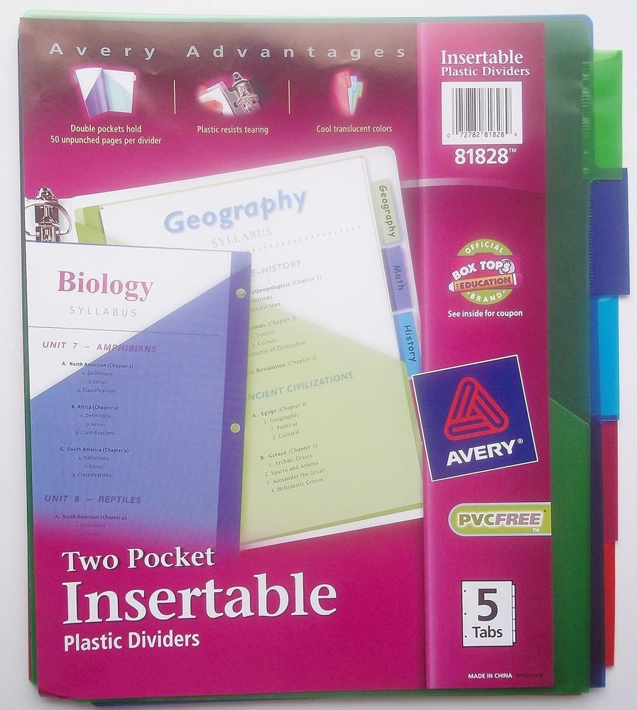 3 sets Avery 81828 big tab 2 pocket insertable plastic dividers 5 tab multicolor