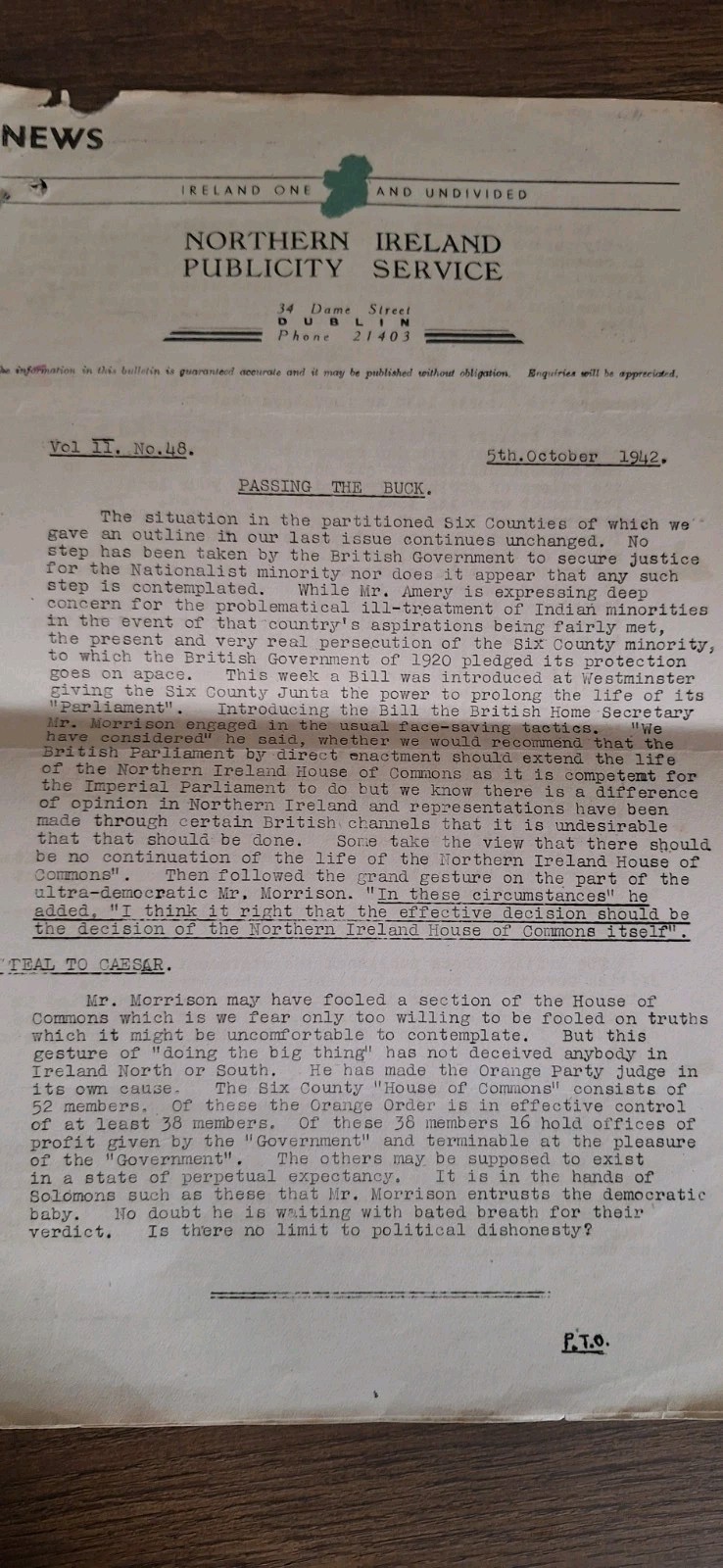 Irish Republican Press 1940s Bulletin Document 6 Counties Interest