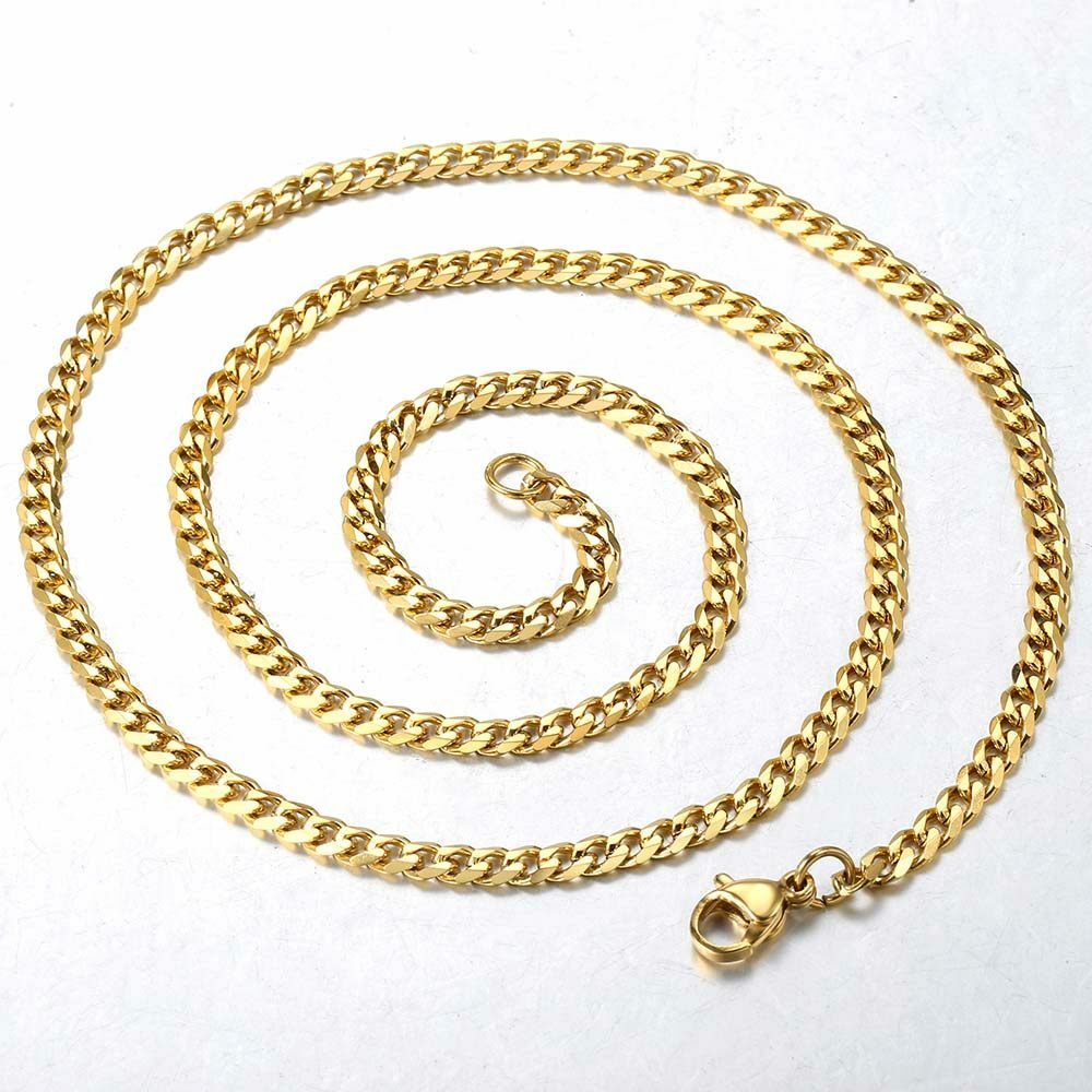 16"-36" Stainless Steel Chain Mens Necklace Gold Plated Curb Cuban 3/5/7/9/11mm