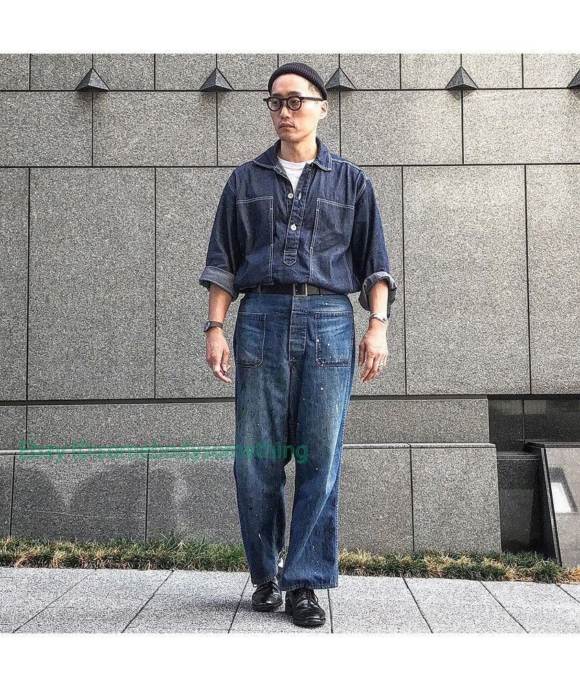 Vintage Mens Spring Summer Blue Denim Work Uniforms Loose Pullover Shirts Jacket