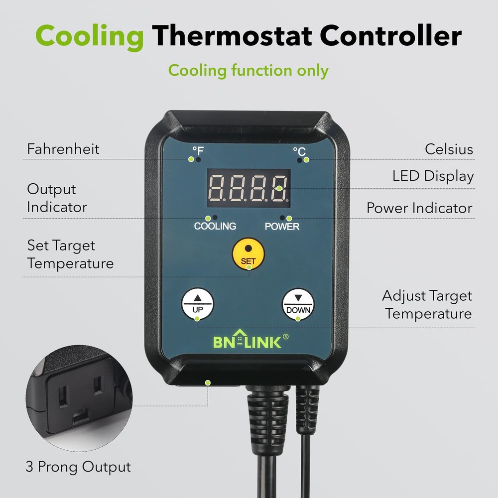 BN-LINK Digital Cooling Thermostat Controller, Temperature Cooling, Green
