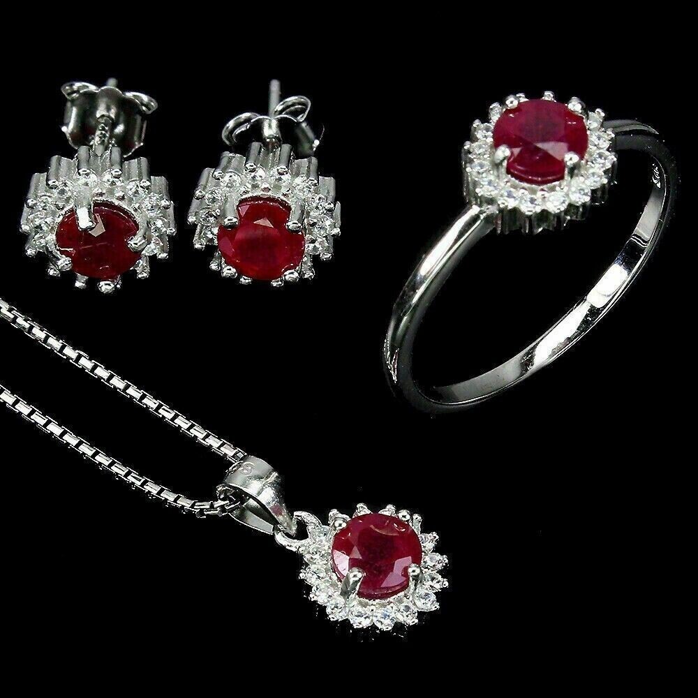 Silver Ruby Pendant Earring Ring Genuine Natural Gems Solid Sterling N 1/2  US 7