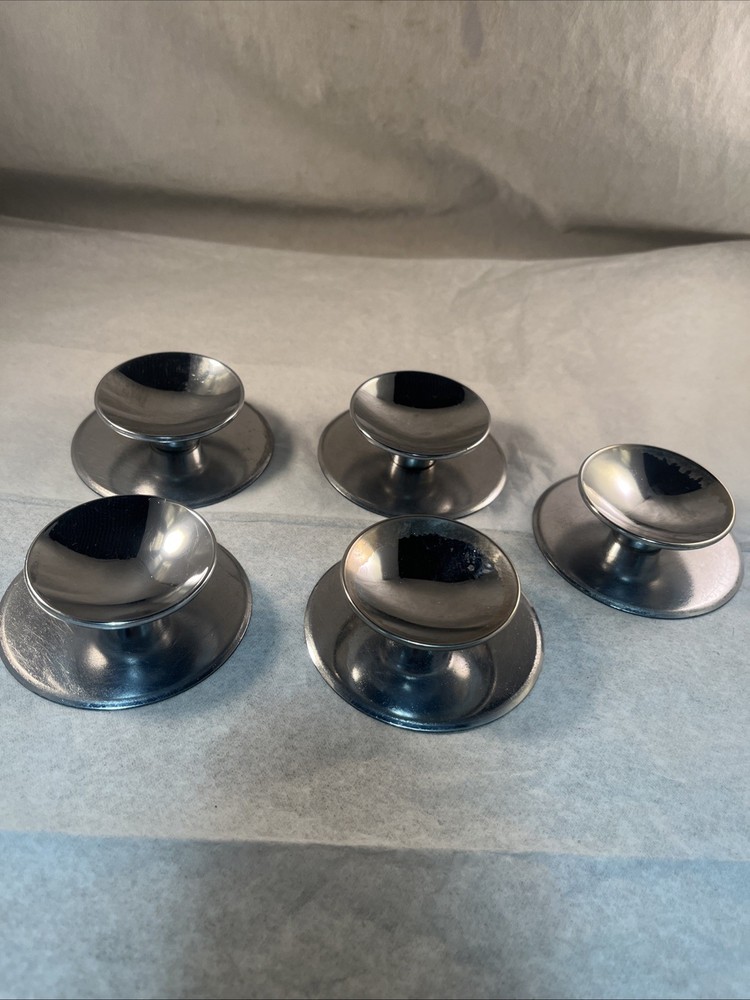 5 Vintage 1960s AJAX Shiny Chrome Beveled Concave 2" Round Knobs & Back Plates