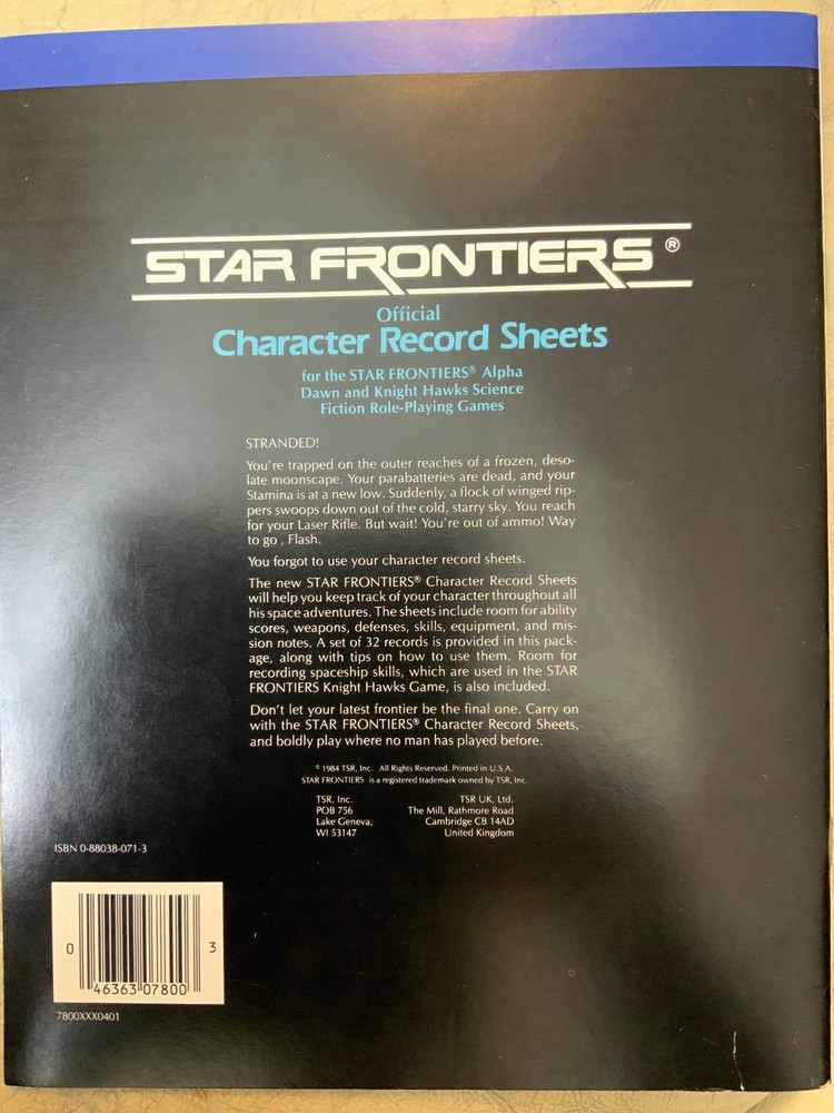 TSR Star Frontiers Character Record Sheets (VG)