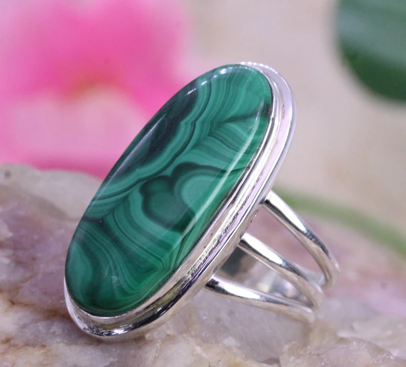 Solid 925 Sterling Silver Natural Malachite Oval Gemstone Statement Band Ring