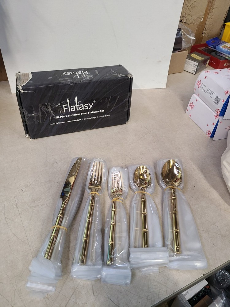 Flatasy Flatware Set Gold Silverware Set with Bamboo Pattern Mirror Polished 20